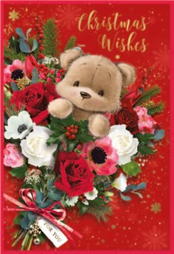 Open Christmas Card - Cute Brown Bear with Flowers and Gold Foil 7.5x5.25"