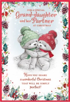 Granddaughter & Partner Christmas Card - Bears in Hats Holly Border Foil 7.5x5.5