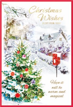 Open Christmas Card - Xmas Tree on Snowy Street Post Box & Gold Foil 7.5x5.25"