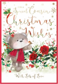 Cousin Christmas Card - Cute Bear and Robin with Roses Holly Gold Foil 7.5x5.25"