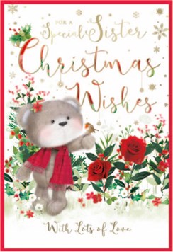Sister Christmas Card - Cute Bear and Robin with Roses Holly Gold Foil 7.5x5.25"