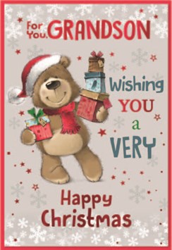 Grandson Christmas Card - Bear in Santa Hat with Gifts and Red Foil 7.75x5.25"