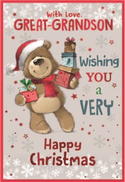 Great Grandson Christmas Card -Brown Bear with Parcels and Foil 7.75x5.25"