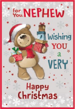 Nephew Christmas Card - Brown Bear with Parcels and Foil 7.75x5.25"