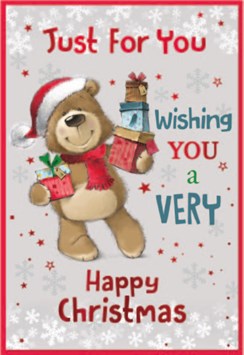 Open Christmas Card - Brown Santa Bear with Gifts and Red Foil 7.5 x 5.25"