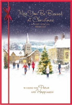Blessings at Christmas Card - People outside Church at Night Foil 7.75x5.25"