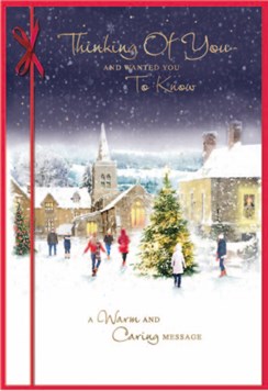 Thinking of You Christmas Card - People outside Church at Night Foil 7.75x5.25