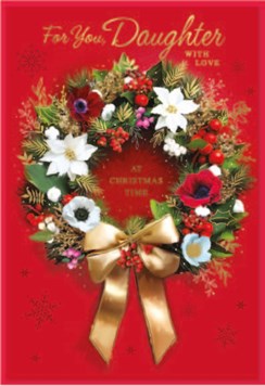 Daughter Christmas Card - Red with Floral Wreath and Gold Foil 7.75" x 5.25"