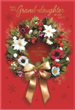 Granddaughter Christmas Card - Floral Wreath with Gold Foil 7.75" x 5.25"