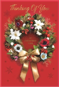 Thinking of You Christmas Card - Red with Floral Wreath with Gold Foil 7.75x5.25