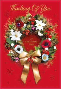 Thinking of You Christmas Card - Red with Floral Wreath with Gold Foil 7.75x5.25