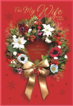 Wife Christmas Card - Red with Floral Wreath and Gold Foil 7.75" x 5.25"