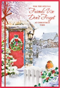 Friends We Don't Forget Christmas Card - Red Door Robin on Fence Foil 7.5x5.25"