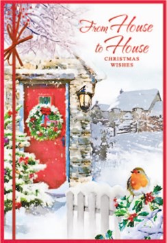 Our House To Your House Christmas Card - Red Door Robin on Fence Foil 7.5x5.25"