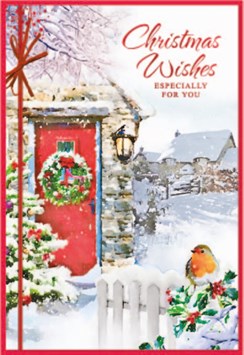 Open Christmas Card - Wreath on Red Door with Robin on Fence Red Foil 7.5x5.25"