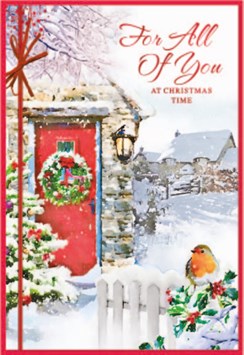 To All Of You Christmas Card - Wreath on Red Door Robin on Fence Foil 7.5x5.25"