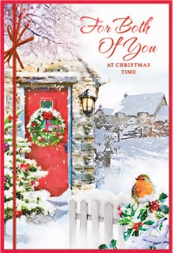 Both Of You Christmas Card - Wreath on Red Door Robin on Fence Red Foil 7.5x5.25