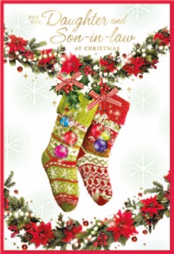 Daughter & Son-in-Law Christmas Card - Stockings Poinsettia Garland Foil 7.5x5.2