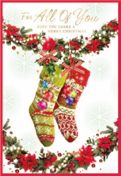 All of You Christmas Card - Stockings & Poinsettia Garland Gold Foil 7.5x5.25"