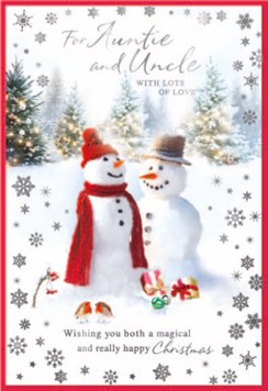 Auntie & Uncle Christmas Card - Snowman Couple with Robins Silver Foil 7.5x5.25"