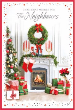 Neighbours Christmas Card - Xmas Tree and Fireplace with Silver Foil 7.25x5.25"