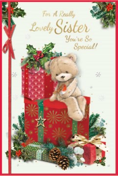 Sister Christmas Card - Bear & Robin Sat on Gift Box Holly Pinecones & Foil 9x6"