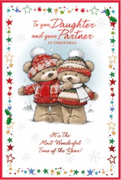 Daughter & Partner Christmas Card - Bears in Jumpers & Hats Stars Foil 9x6''