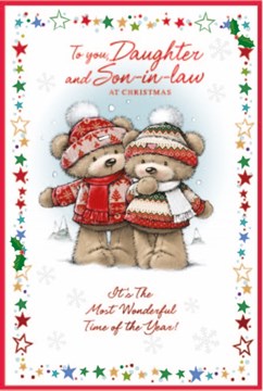 Daughter & Son-in-Law Christmas Card - Bears in Jumpers & Hats Stars Foil 9x6''
