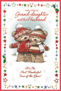 Granddaughter & Husband Christmas Card - Bears in Jumpers Hats & Red Foil 9x6"