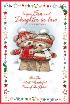 Son & Daughter in Law Christmas Card - Bears in Jumpers & Hats Stars Foil 9x6''