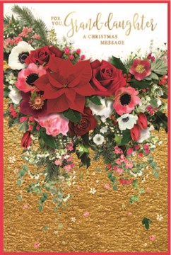 Granddaughter Christmas Card - Poinsettia Flowers and Holly with Gold Foil 9x6"