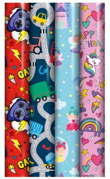 10m Children's Gift Wrapping Paper Roll - 4 x 2.5m Boy's & Girl's Mixed Designs