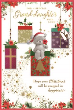 Granddaughter Christmas Card - Grey Bear with Presents Flowers Gold Foil 9x6"