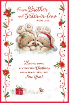 Brother & Sister-in-Law Christmas Card - Bears Lying Down Flower Border Foil 9x6