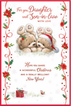 Daughter & Son-in-Law Christmas Card - Bears Lying Down Flower Border Foil 9x6''