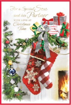 Son & Partner Christmas Card - Xmas Tree and Stockings with Gold Foil 9x6"