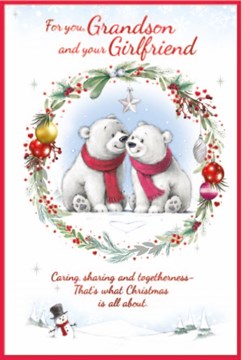 Grandson & Girlfriend Christmas Card - Polar Bears in Mistletoe Circle Foil 9x6"