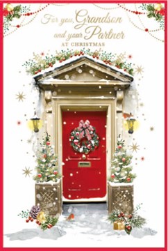 Grandson & Partner Christmas Card - Wreath on Red Door with Gold Foil 9x6"