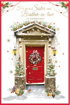 Sister & Brother in Law Christmas Card - Wreath on Front Door with Gold Foil 9x6