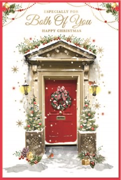 Both of You Christmas Card - Wreath on Red Door with Gold Foil 9x6"