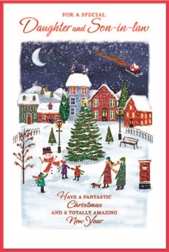Daughter & Son-in-Law Christmas Card - Xmas Tree Snowy Town Scene Foil 9x6"