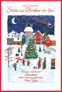 Sister & Brother-in-Law Christmas Card - Xmas Tree Snowy Town Scene Foil 9x6"