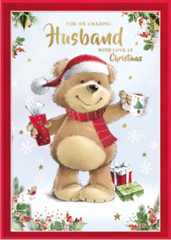 Husband Christmas Card - Bear in Santa Hat with Mug Presents & Gold Foil 9.75x7"
