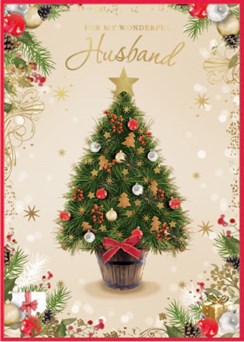 Husband Christmas Card - Christmas Tree with Holly Pinecones Gold Foil 9.75x7"