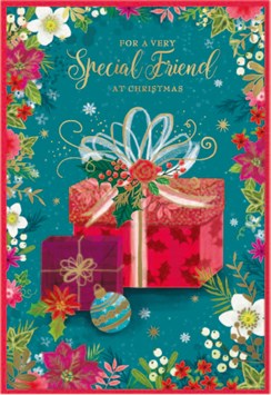 Special Friend Christmas Card - Green with Presents Flowers and Foil 7.5x5.25