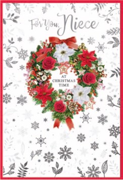 Niece Christmas Card - Red & White Floral Wreath Silver Foil Snowflake 7.5x5.25"