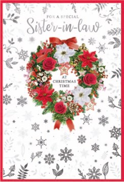 Sister-in-Law Christmas Card - Red & White Floral Wreath Foil Snowflake 7.5x5.25