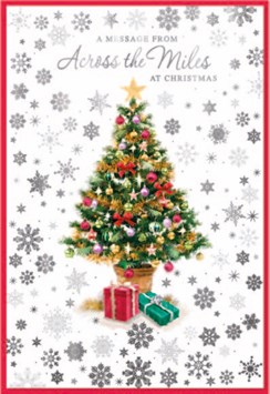 Across The Miles Christmas Card - Xmas Tree and Silver Foil Snowflakes 7.5x5.25"