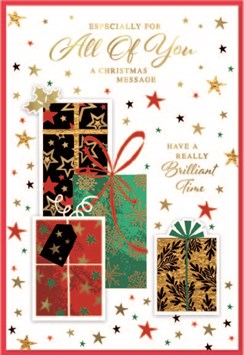To All Of You Christmas Card - Presents and Stars with Gold Foil 7.5x5.25"