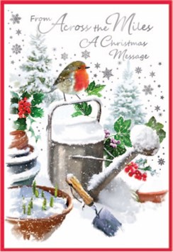 Across The Miles Christmas Card - Robin on Watering Can in Snow & Foil 7.5x5.25"